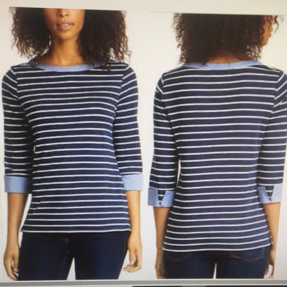 NAUTICA/NAVY & WHITE STRIPE 3/4 DENIM SLEEVES & BOATNECK COLLAR TEE
